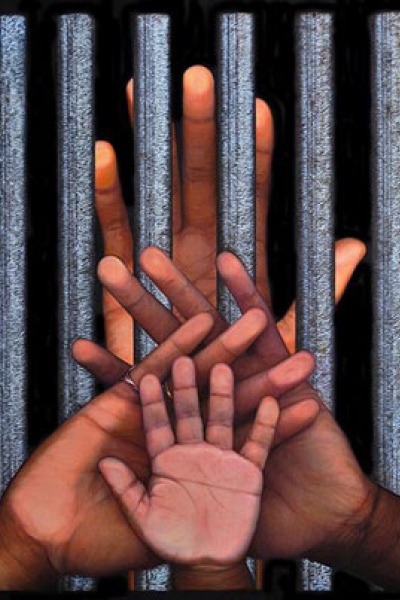 painting of prison bars with one set of hands behind the bars and three different sized hands in front