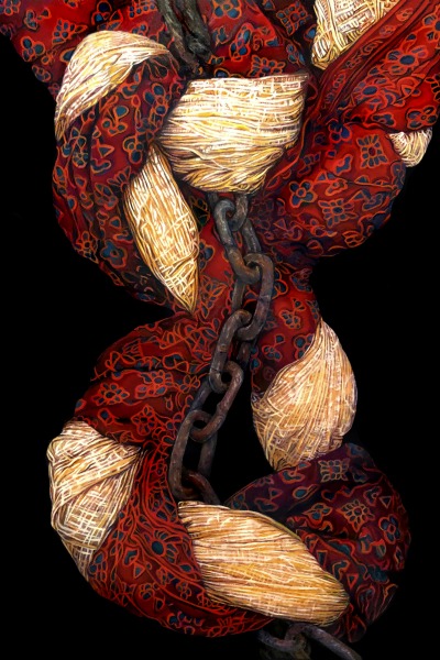 oil painting of wedding cloth in a knot around a chain