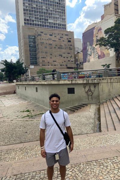 Max Hill in the historical district in Republica Square near a building called Banespa, San Paolo, Brazil 