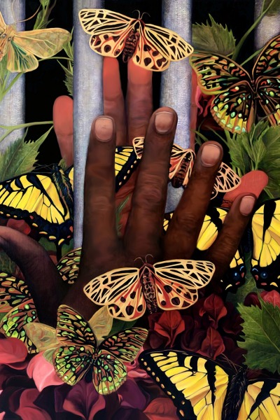 2020 Grinnell Prize Painting with hands, prison bars, butterflies