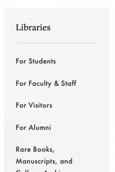 Side navigation - gray vertical box with black text links for the libraries 