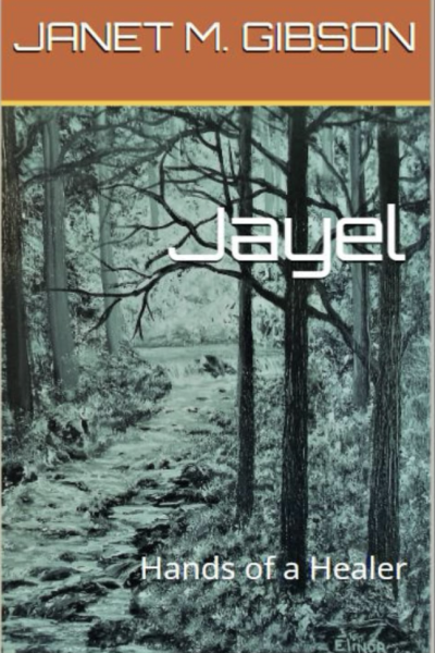 The cover of Gibson's book, Jayel -- Hands of a Healer shows a forest scene in tones of green and gray