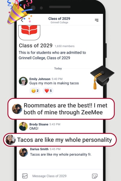 ZeeMee screenshot labeled chat with students like you shows posts in a Class of 2029 section