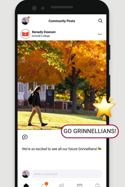 Screen shot of ZeeMee shows community posts with a picture of a student walking across a campus