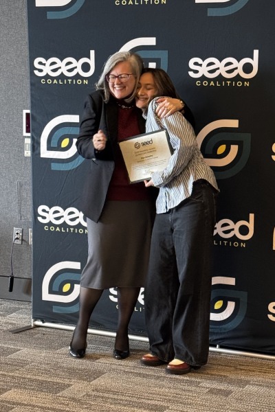 President Anne Harris and Diya Shrestha at the 2026 Seed Coalition award ceremony