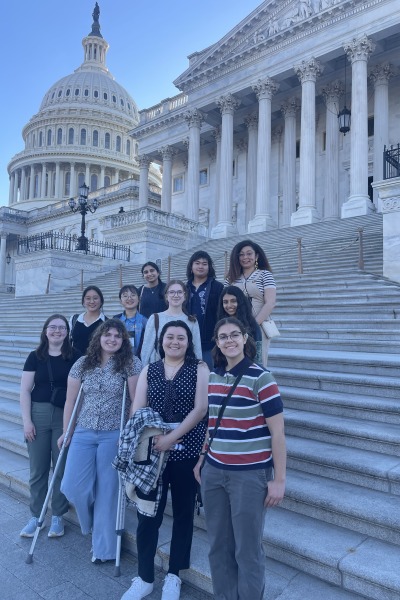 Eleven students standing on the steps of the US capitol with the white dome prominent in the background 